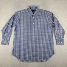 David Donahue Dress Shirt Mens 17 32/37 Blue Plaid 100 Cotton Button Up