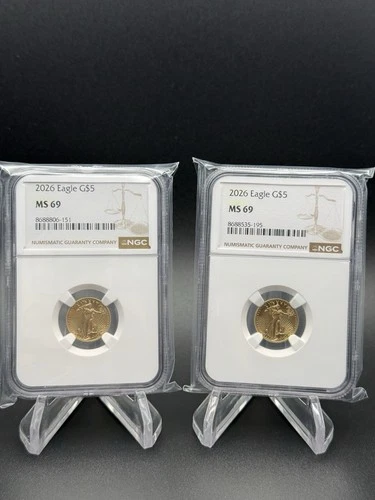 Lot of 2 - 2026 Liberty Eagle G$5 - MS69 NGC - 1/10th Oz Fine Gold