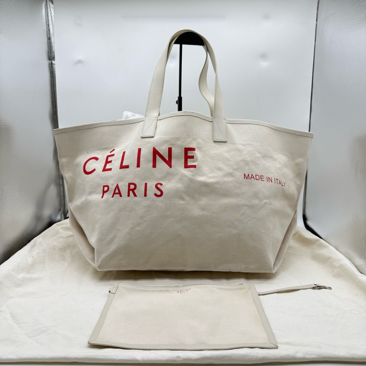 CELINE PARIS MADE IN ITALYトートバッグ Celine Made In Tote Canvas Leather Ivory Red with Pouch | eBay