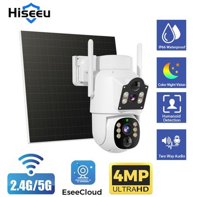 Hiseeu 4MP+4MP Dual Lens 2-Way Audio PTZ Wireless 5G Wifi Solar Security Camera