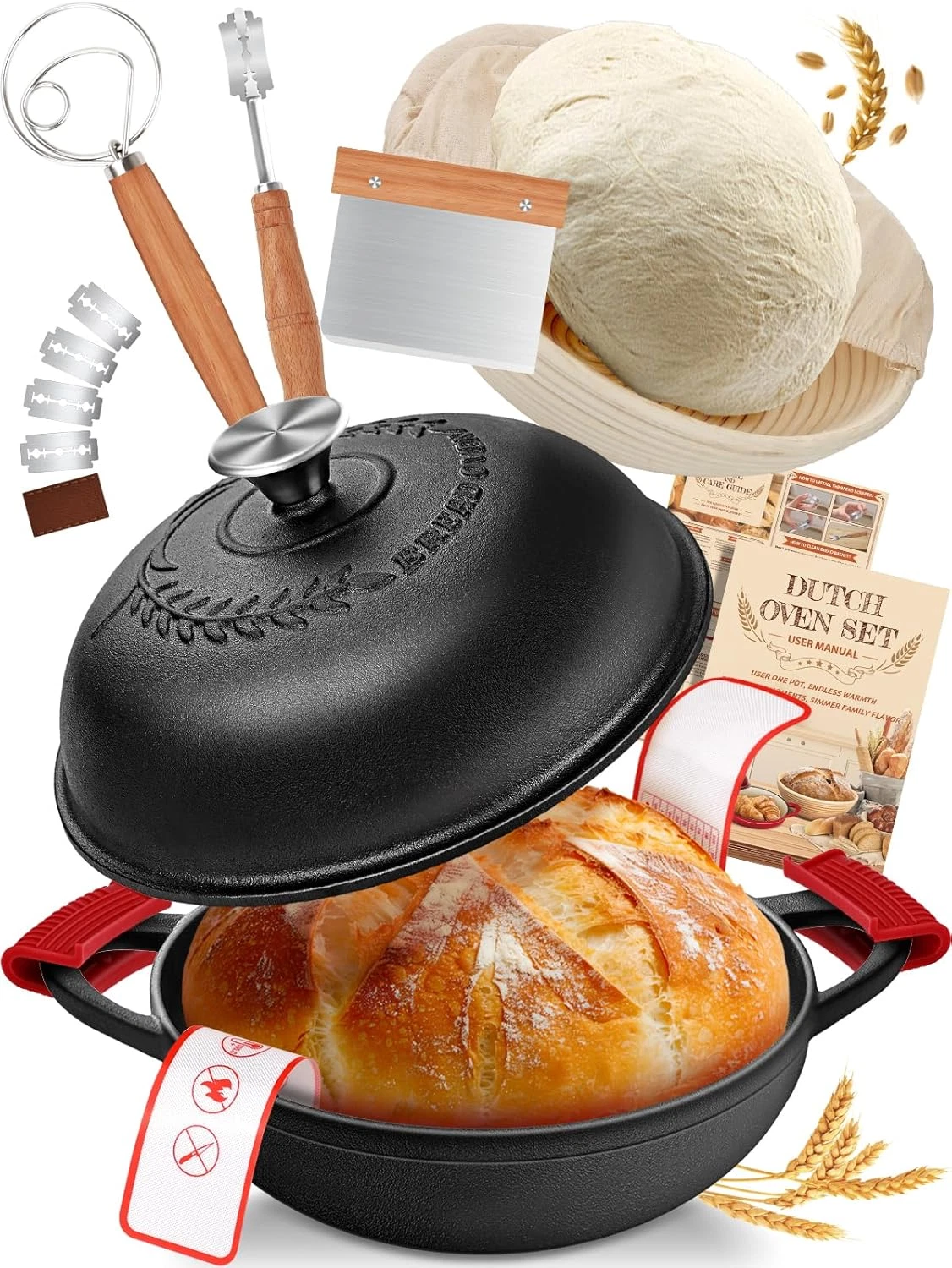 Dutch Oven Bread Baking Pot with Lid 6QT Cast Iron Design & Complete Sourdough K
