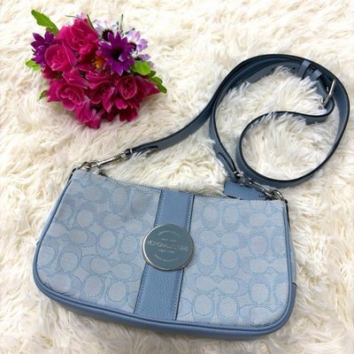 Coach Signature Light Blue Canvas Shoulder Bag 7x14x25cm Crossbody Used