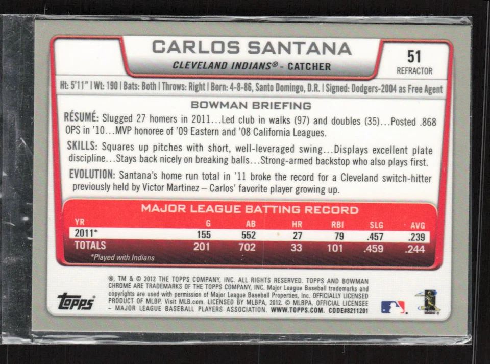 2012 Bowman Chrome #51 Carlos Santana Green Refractors Cleveland Indians (R) - Image 2 of 2