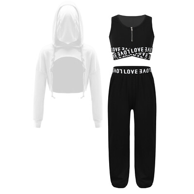 DE Mädchen Hip Hop  Langarmshirt + Sport BH Crop Tops + Cargohose Set Sportanzug