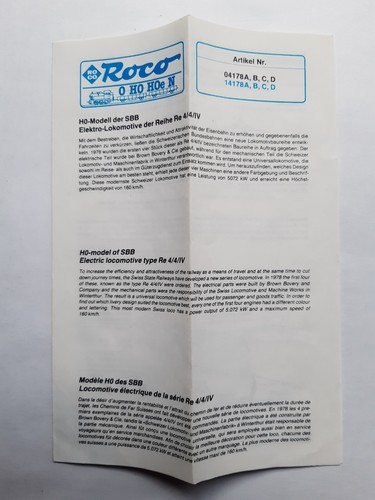 Roco H0 04178 B - Elektrolok BR 10103 der SBB Reihe Re 4/4/IV Betriebsanleitung | Zustand: Gebraucht