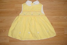 Vtg-Little Bitty-Girls Yellow Pin Stripes Smocked Seersucker Dress-24 mo