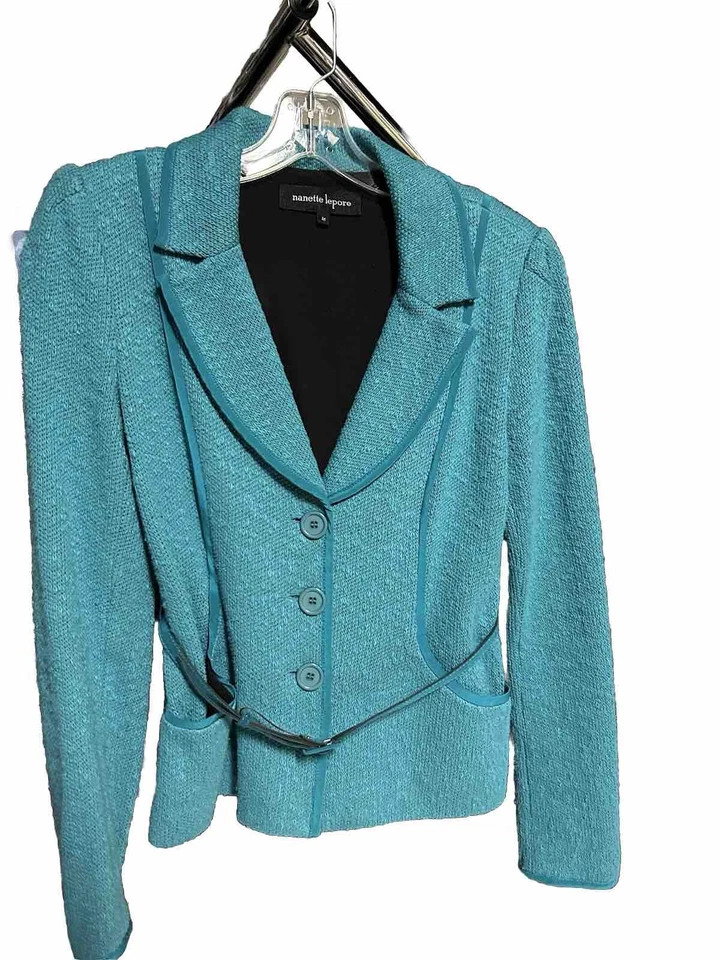Nanette Lapore 女式西装外套 M 码蓝绿色 3 按钮带皮革腰带职业办公室 — 第 2/4 张图片