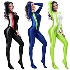 AMORESY  Women Jumpsuit One Piece Oil Shiny Bodysuit Yoga Leggings Overalls New