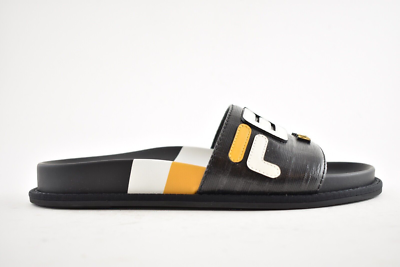 Fendi Mania Fila Black Coated Canvas FF Logo Mule Slide Flat Flip