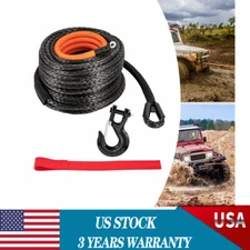 3/8" x 28m Winch Rope Synthetic Line Recovery Cable Black with Hook 4WD ATV SUV