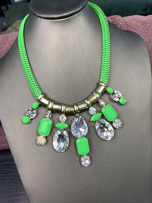 Vintage Bohemian Signed  Natasha Neon Green Rhinestone Statement New 18 