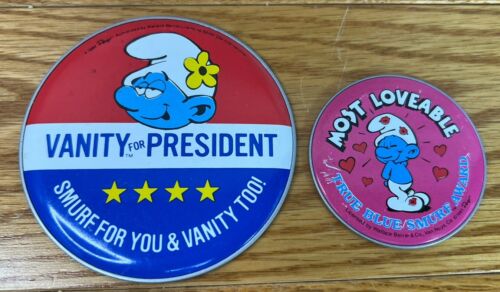 Vtg 1984 Vanity For President Smurf For You & Vanity Too! & Most Lovable Buttons - Picture 1 of 6