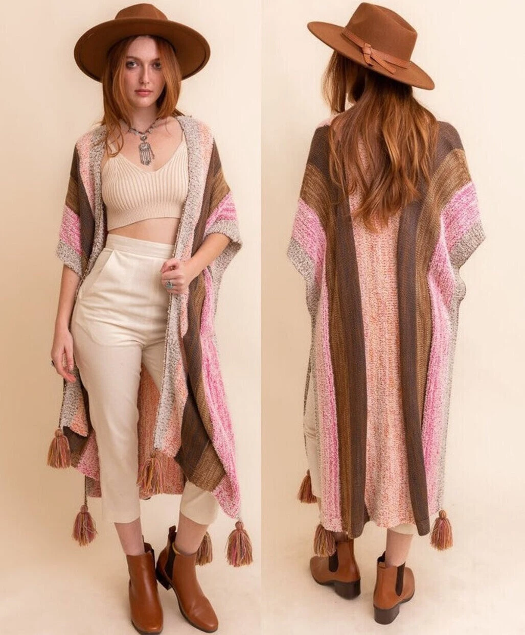 Boho Gypsy Chunky Knit Tassel Ruana Wrap Sweater Cardigan Poncho S Pink Brown