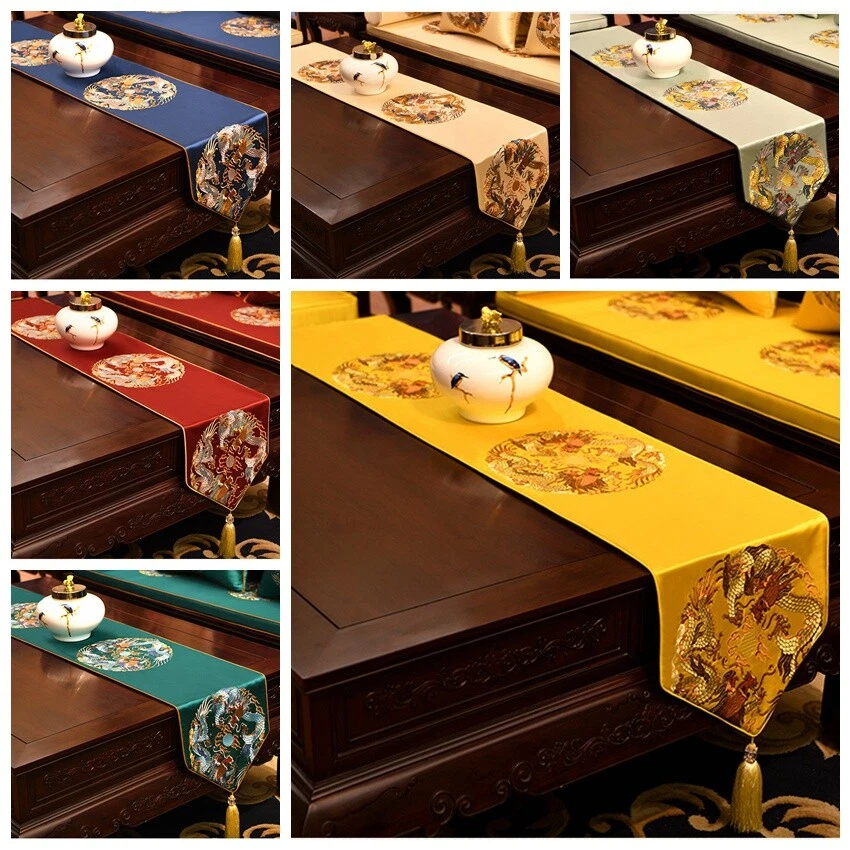 Chinese Table Runner Jacquard Dragon Pattern Tablecloth Tassel Kitchen Home - Image 2 of 4