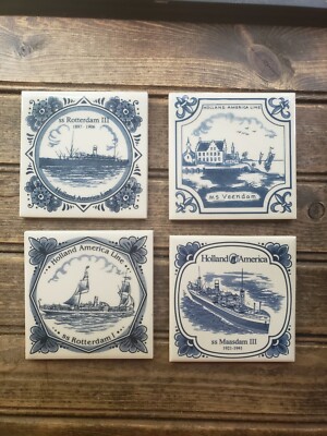 Lot of 4 Holland America Cruise Line Delft Tile Coasters  Maasdam / Rotterdam