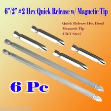 6x 6"/2" Phillips #2 ScrewDriver Bit Rapid Release Hex Shank Magnetic Tip PH2