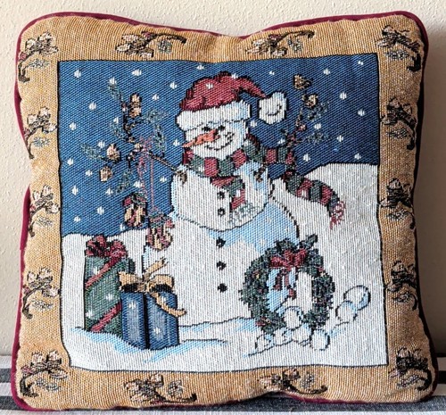 Snowman Tapestry Christmas Throw Pillow Red Winter Holiday Décor 12" Square