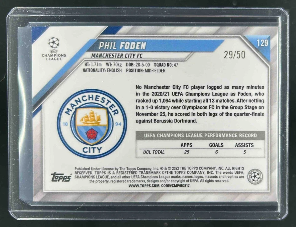 2021 Topps Chrome Sapphire UEFA Phil Foden Orange #29/50 Man City - Image 2 of 2