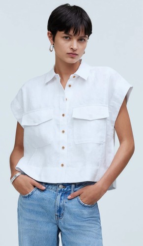 MADEWELL Leinenhemd Damen kleine Klappentasche Knopfleiste weiß kastige Passform NO994 * 85 $ - Bild 2 von 12