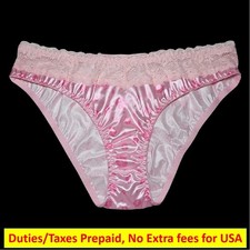 Glossy Pink Satin Panty Sissy Lip Bikini Nylon Lace Brief Size 7-8 Hip 38-42"