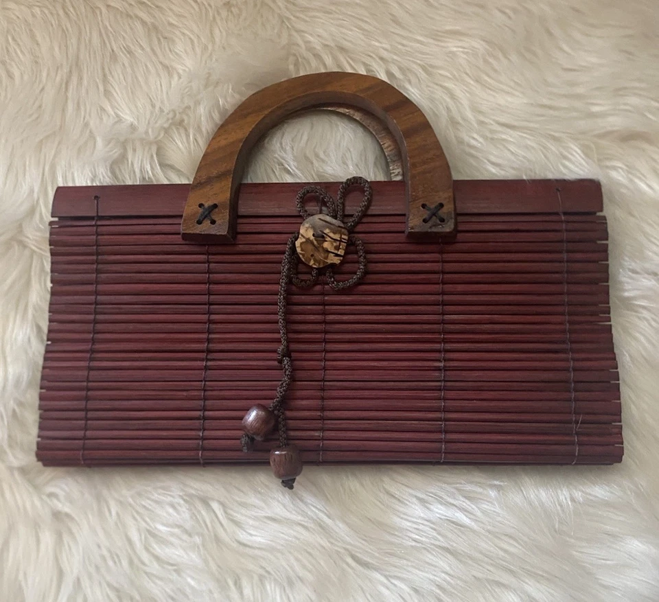 Bolso de Mano Vintage Rojo Caoba Bambú con Mango de Madera Elegante Cartera Única Foto 3 de 4