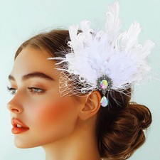 White 1920s Fascinator Flapper Headpiece Light Up Feather Hair Clip Gatsby