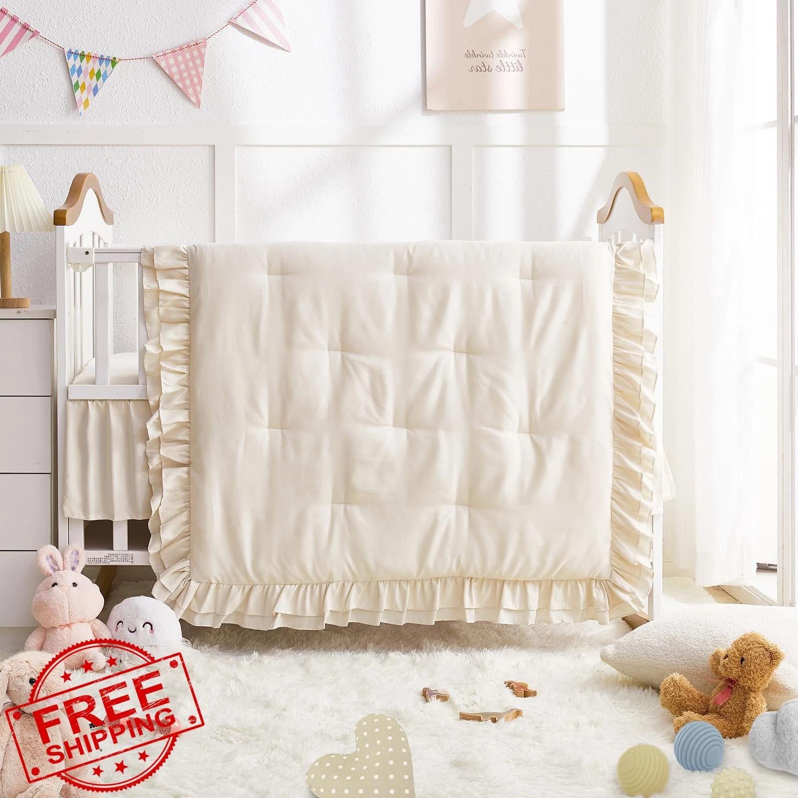 Wowelife Crib Bedding Set Beige Ruffles Crib Size