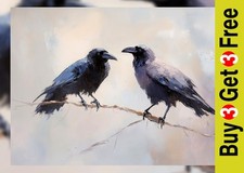 Rabenpaar thront 5"x7" Druck auf mattem Papier | K&uuml;hner schwarzer Vogel &Ouml;lgem&auml;lde