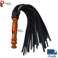 Genuine Cow Hide Leather Flogger 25 Tails Wooden Handle Black Heavy Duty Whip