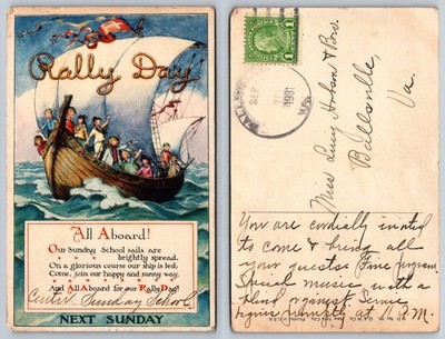 1931 Rally Day Sunday School Children Sailboat Invitation Postcard G&W Co