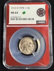1913 D TYPE 1 BUFFALO NICKEL NGC MS 64 NICELY STRUCK  EDC PLUS HOLDER