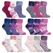Ladies 3 Pair Multipack Fluffy Fleece Slipper Bed Socks with Non Slip Grips