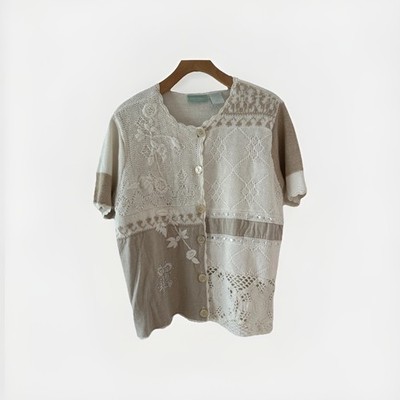 Vtg Boho Patchwork Top Knit Crochet Cotton Lace Granny Short Sleeve Sweater M