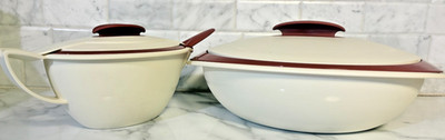 VTG Tupperware Gravy Boat & Oval Server Thermo Duo Almond Rust Double Wall Ladle