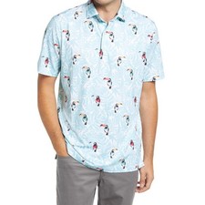 Johnnie-O Toucan Performance Polo Shirt Men's XL Tropical Print Stretch Blue