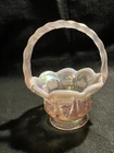 Fenton Roses & Buds Champagne Satin Carnival Basket Signed