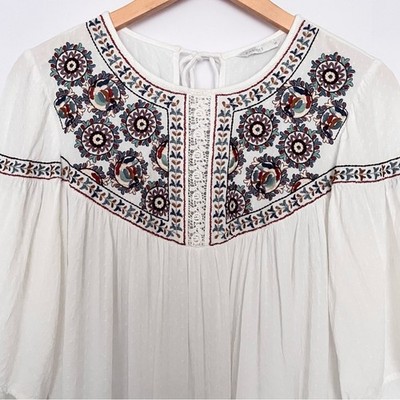 Padini Embroidered Blouse Tunic Top Flowy Boho Tassels Size Medium Multicolor