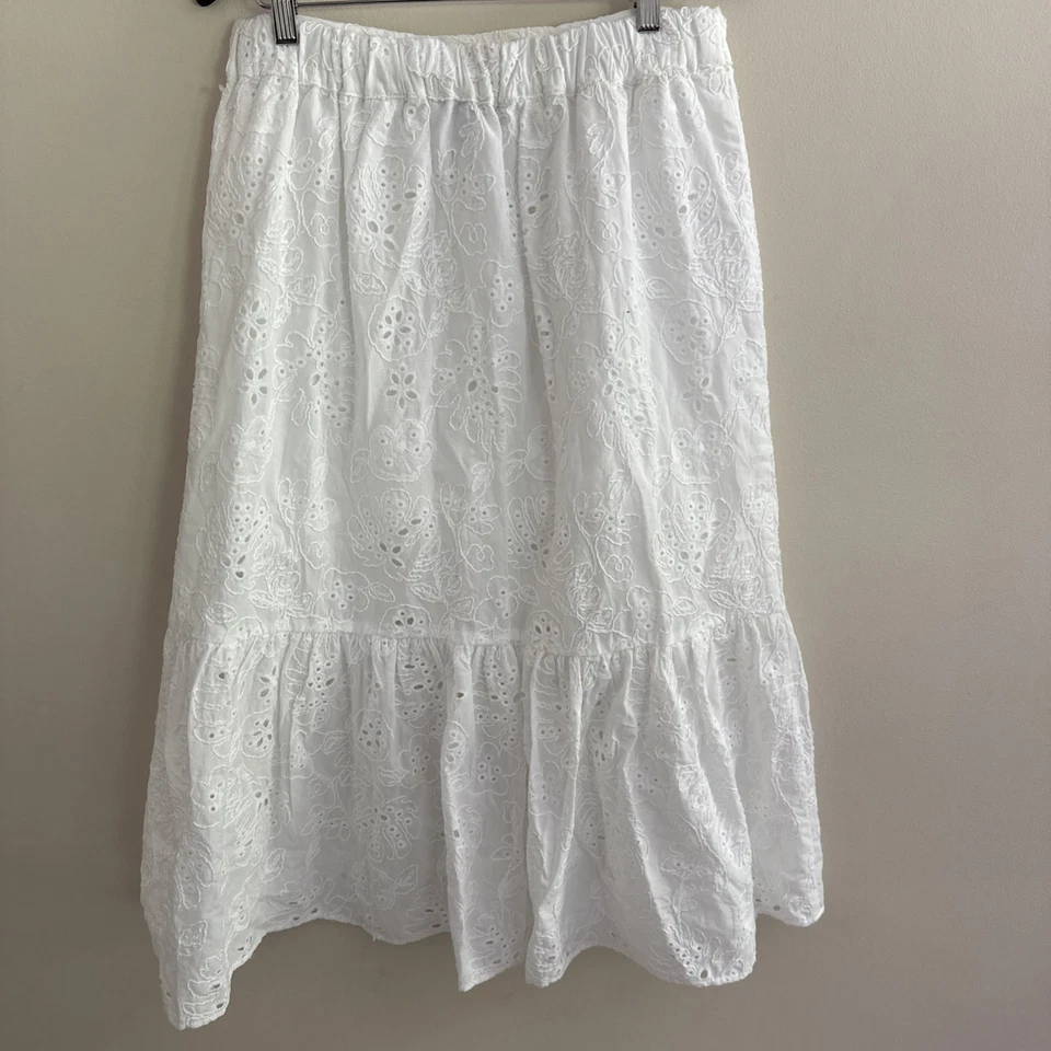Sofia Vergara White Eyelet Tiered Smocked Maxi Skirt Cottagecore Prairie Sz M EC - Image 4 of 4