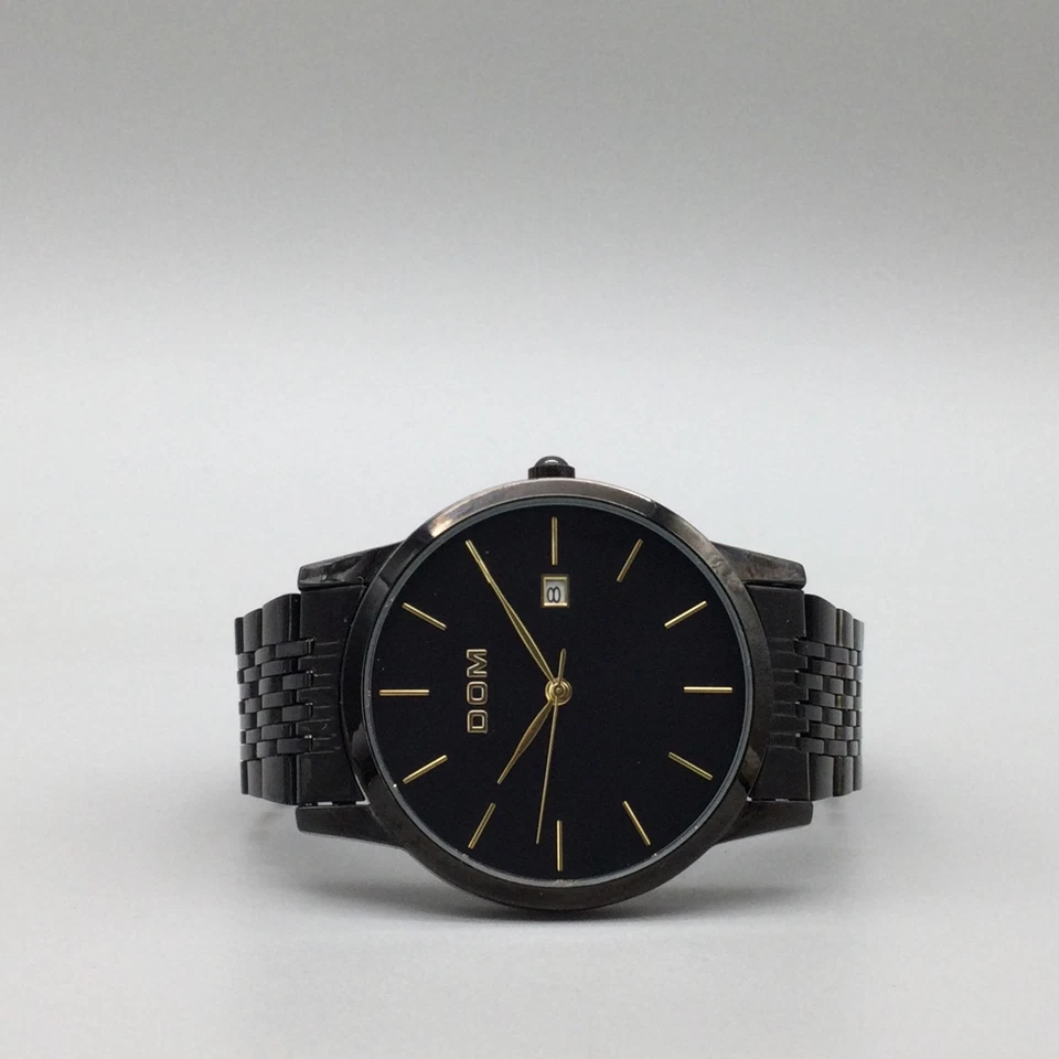 DOM Watch Mens 40mm Gold Tone Black Date Stainless Steel New Battery 7.75" - Image 4 of 4