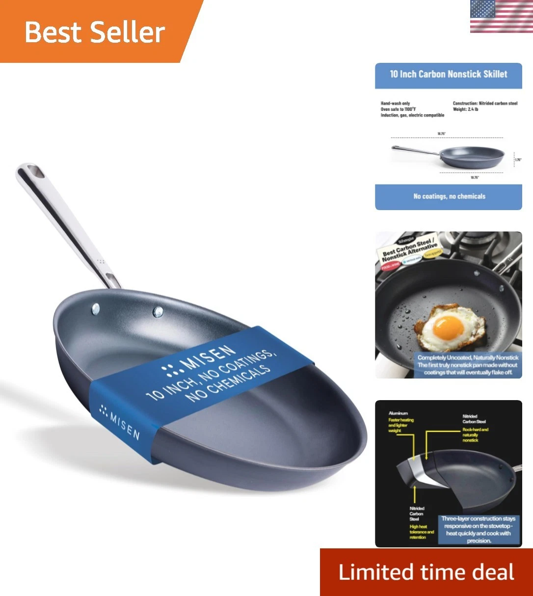 Carbon Nonstick Frying Pan – Carbon Steel Pan, Naturally Nonstick No-Coating ...