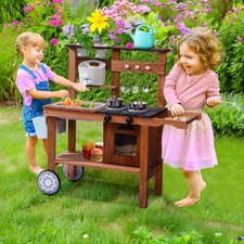 ROBUD Wooden Outdoor Mud Play Kitchen with Wheels for Kids Pretend Playset