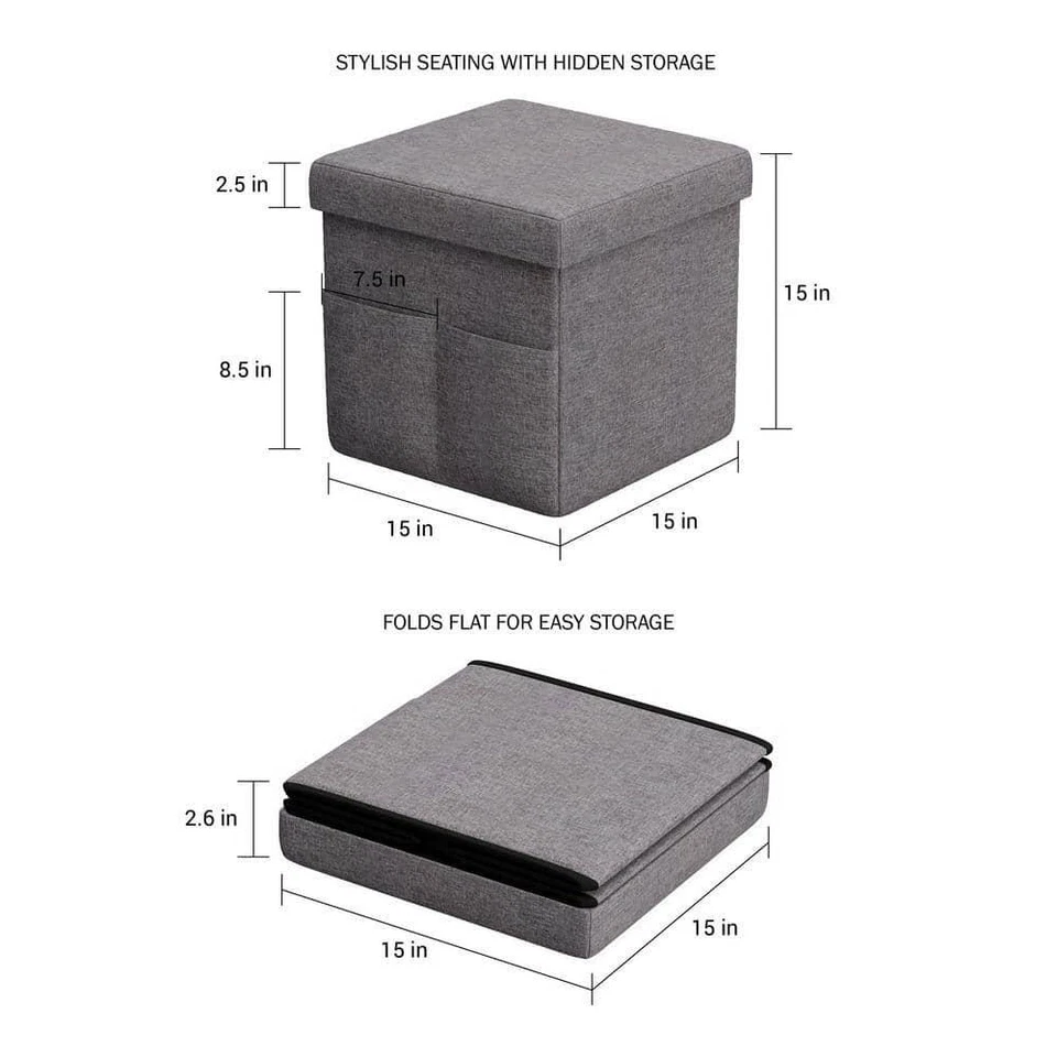 Lavish Home Foldable Storage Cube Ottoman Charcoal Gray Pockets (Set of 2) - Image 4 of 4