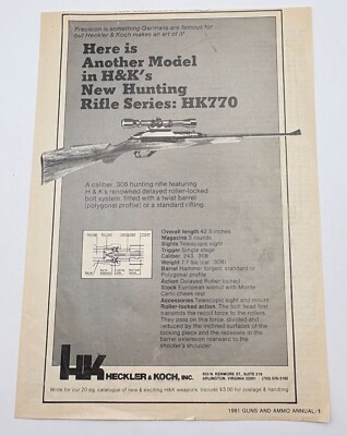 H&K Rifles Vintage Print Ad 1980s Heckler & Koch Model HK770 Hunting 308