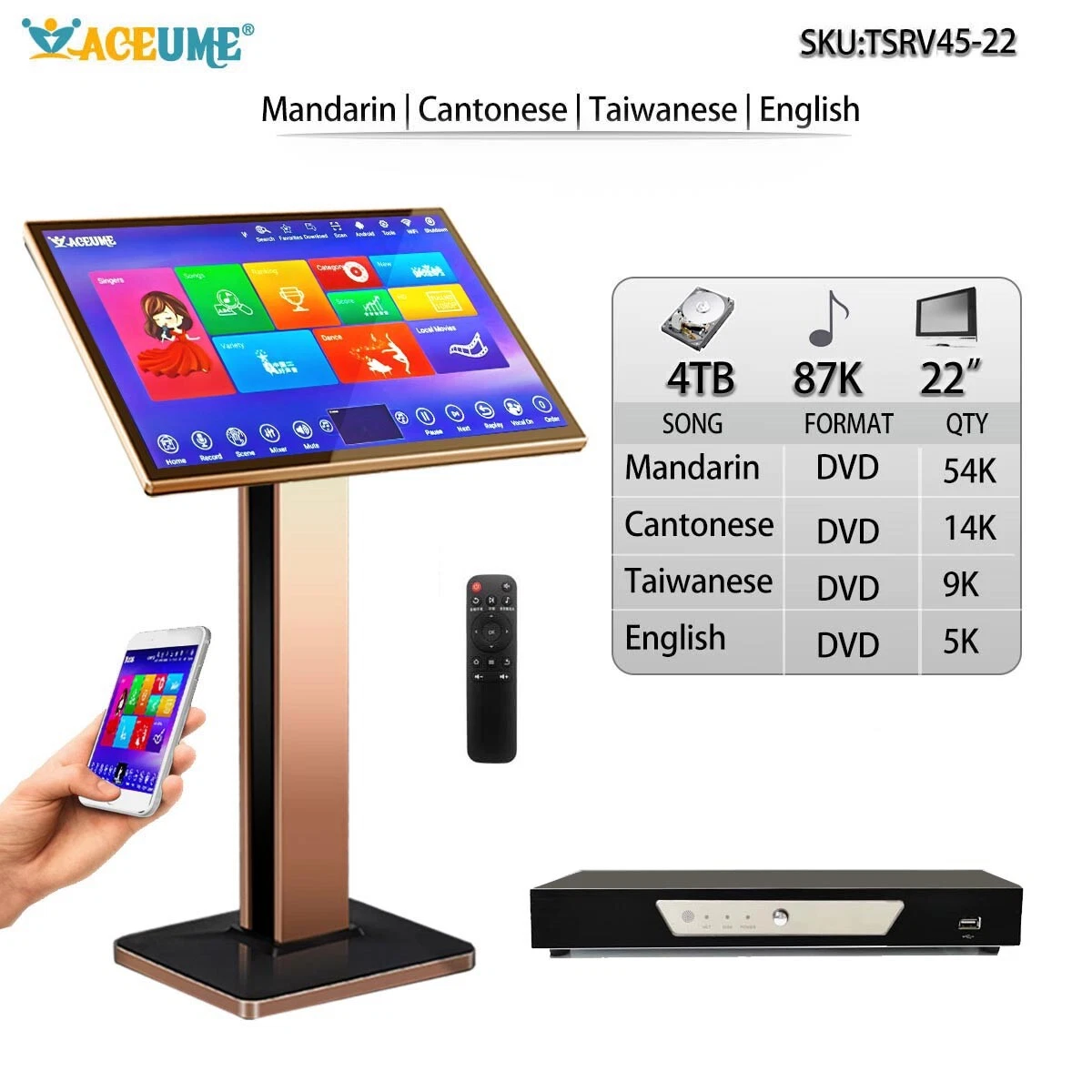 4TB HDD 87K Chinese English Song,22''Touch Screen Karaoke Player.
