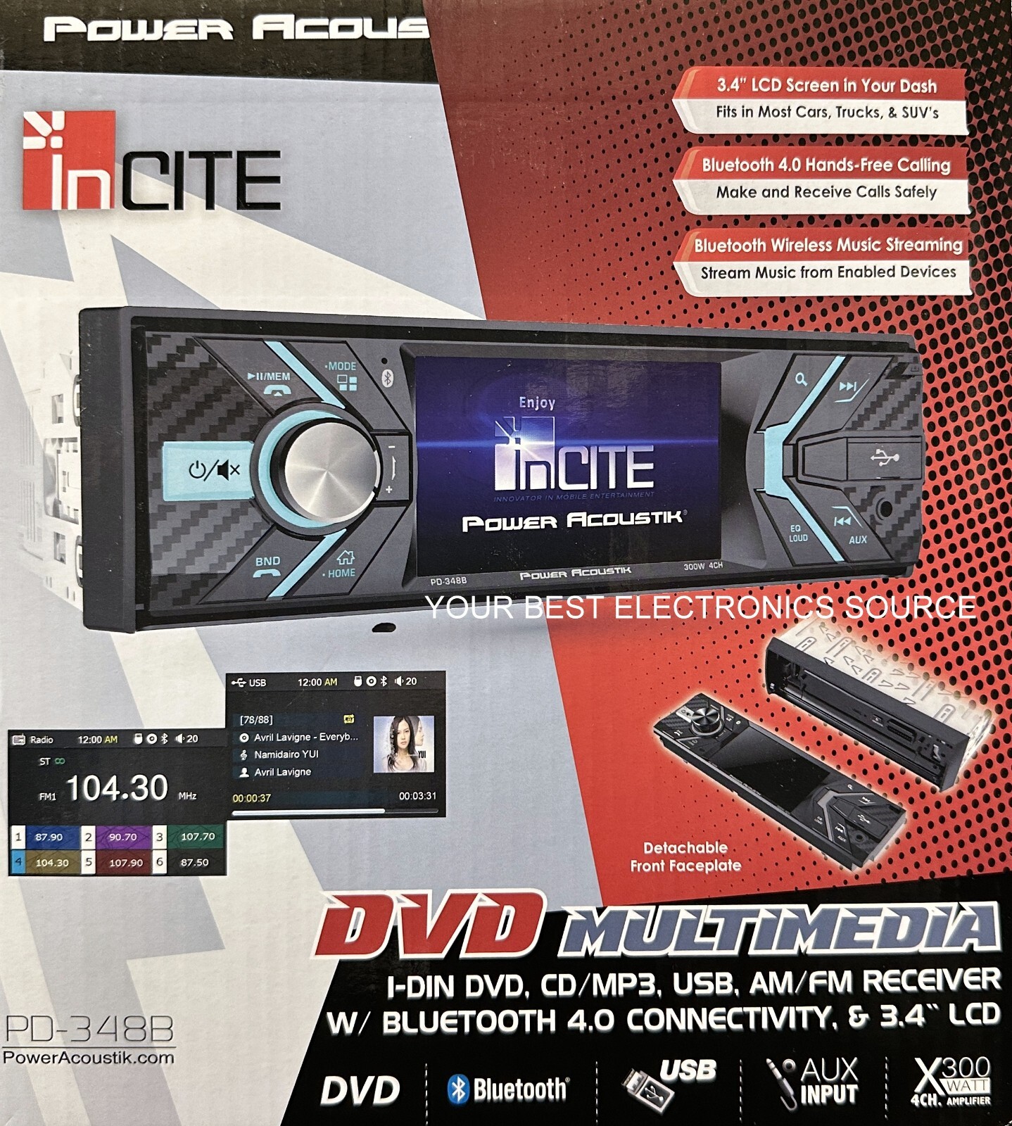 NEW Power Acoustik PD348B 1-DIN Digital Media DVD Receiver, Bluetooth, 3.4