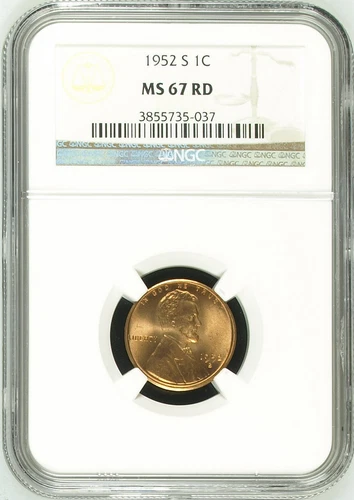 :1952-S 1C LINCOLN CENT KEY DATE NGC MS67RD SHINING RED RARITY R3 HIGHEST GRADES