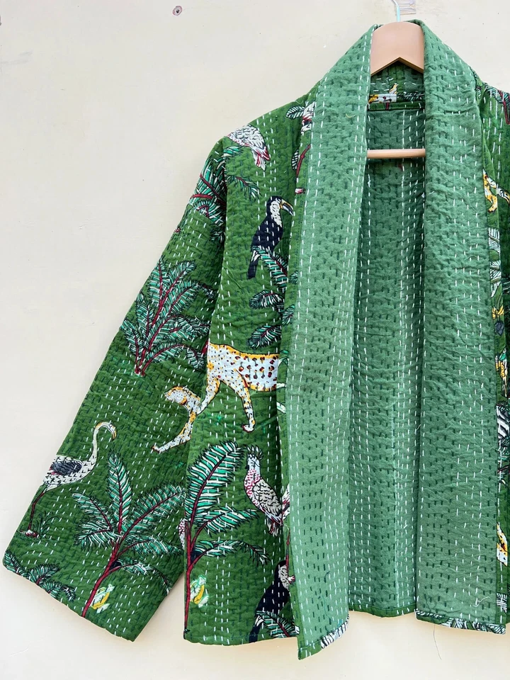Cotton Kantha quilted Short Jacket Handmade floral Print coat for Women Kimono - Image 3 of 4