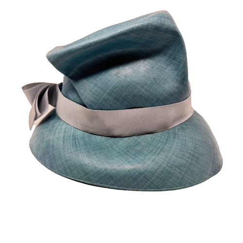 Vintage Neiman Marcus Roger Heim Paris Blue Hat Cloche Straw Gray Ribbon 1950s - Picture 7 of 12