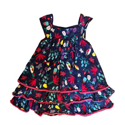 $92 Catimini 86 2 2T Tiered Ruffle Dress Sundress Navy Blue Bird Pink Butterfly