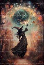 WITCH CASTING SPELL ART PRINT, Halloween Decor, Witchy Poster, Gothic Moon E481